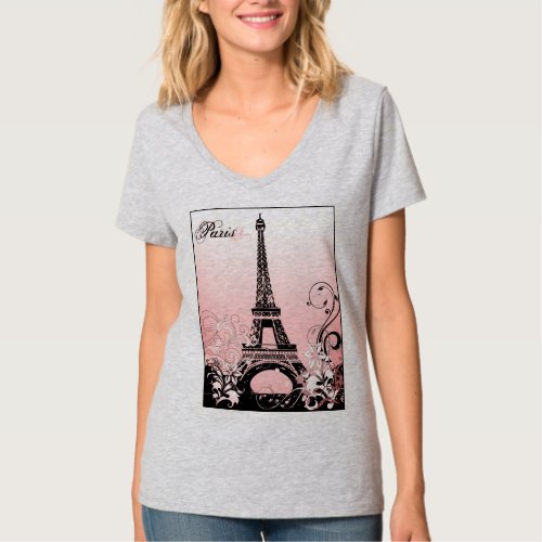 Eiffel Tower Paris pink V_Neck T_Shirt
