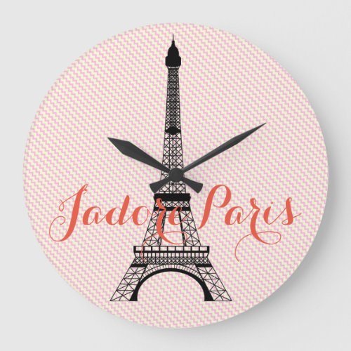 Eiffel tower Paris pink white chevron Large Clock