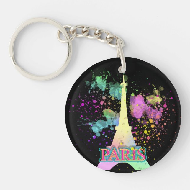 Eiffel Tower Paris Rainbow Paint Splat Explosion Keychain (Front)