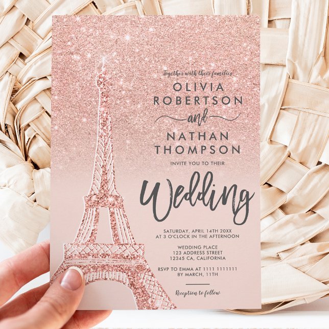 Eiffel tower Paris rose gold glitter pink wedding Invitation (Creator Uploaded)