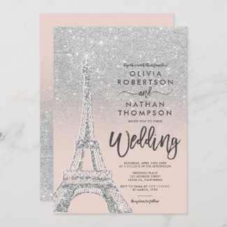 Eiffel tower Paris silver glitter pink wedding Invitation