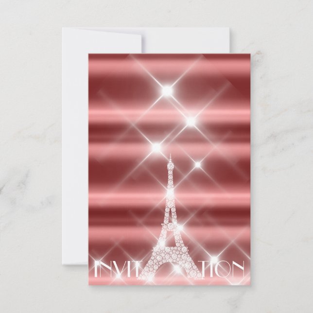 Eiffel Tower Paris Sparkly Stars Burgundy Diamond Invitation (Front)