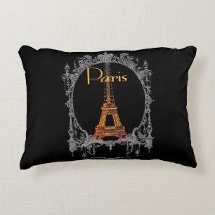 Eiffel Tower Paris Text Black Background Accent Pillow