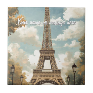 Eiffel Tower Paris Travel Vintage Retro Art Name Ceramic Tile
