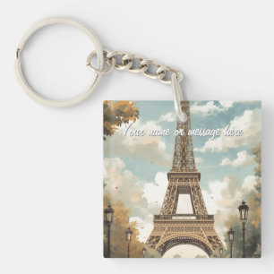 Eiffel Tower Paris Travel Vintage Retro Art Name Keychain