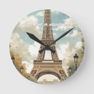 Eiffel Tower Paris Travel Vintage Retro Art Name Round Clock