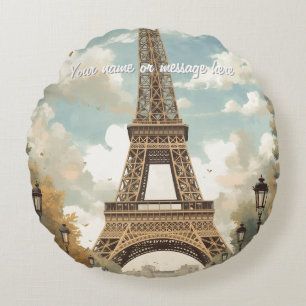 Eiffel Tower Paris Travel Vintage Retro Art Name Round Pillow