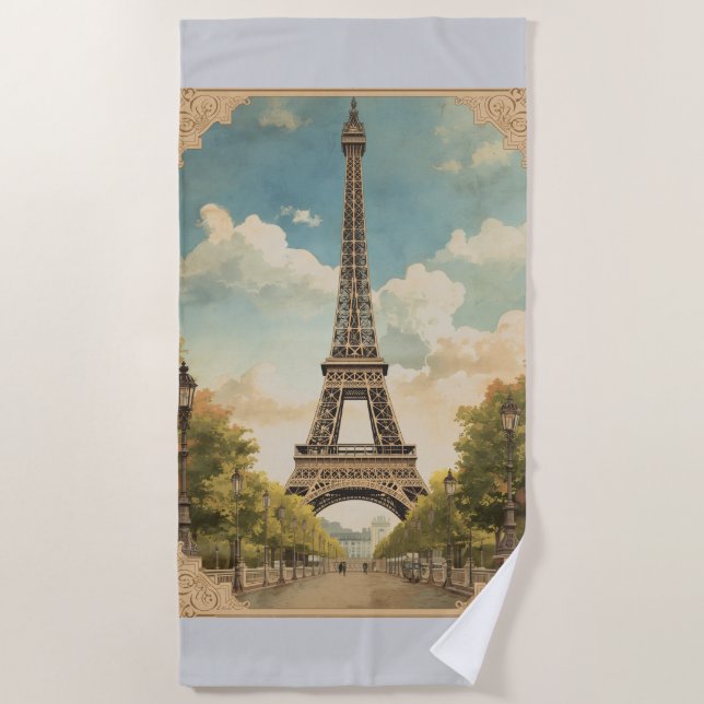 Eiffel Tower Paris Travel Vintage Style Retro Art Beach Towel (Front)