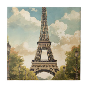 Eiffel Tower Paris Travel Vintage Style Retro Art Ceramic Tile
