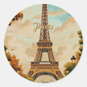 Eiffel Tower Paris Travel Vintage Style Retro Art Classic Round Sticker
