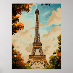 Eiffel Tower Paris Travel Vintage Style Retro Art Poster