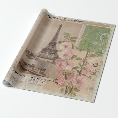 Eiffel Tower Paris Vintage Ephemera Script Floral Wrapping Paper