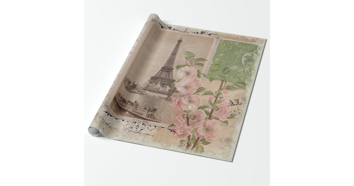 Empherma Script Paper Eiffel Tower Paris Vintage Ephemera Script Floral Wrapping Paper | Zazzle