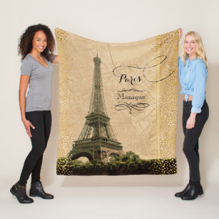 Eiffel Tower Paris Vintage Map Gold Dots Monogram Fleece Blanket