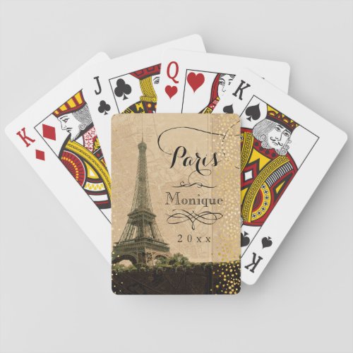 Eiffel Tower Paris Vintage Map Gold Dots Monogram Poker Cards