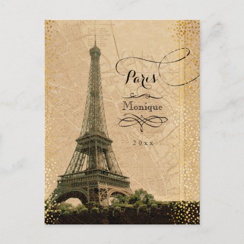 Eiffel Tower Paris Vintage Map Gold Dots Monogram Postcard
