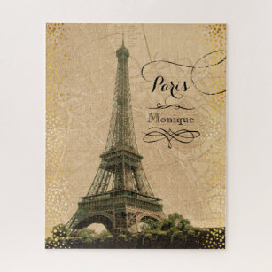 Eiffel Tower Paris Vintage Map Monogram Name Jigsaw Puzzle