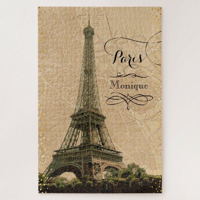 Eiffel Tower Paris Vintage Monogram Name Jigsaw Puzzle (Vertical)