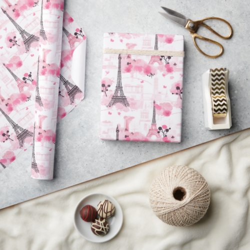 Eiffel Tower Pattern Paris Chic French Pink Wrapping Paper
