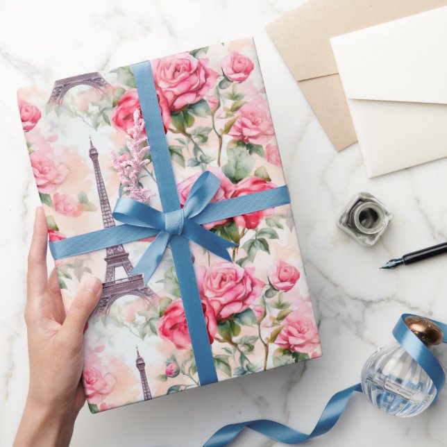 Eiffel Tower Pattern, Paris Chic French Roses Wrapping Paper (Gifting)