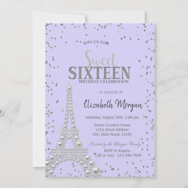 Eiffel Tower Pearls,Diamonds Frame Lavander Invitation (Front)