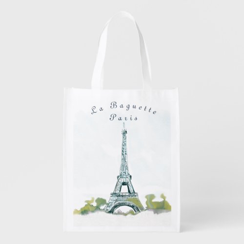 Eiffel Tower Pen and Ink Sketch La Baguette Paris Grocery Bag