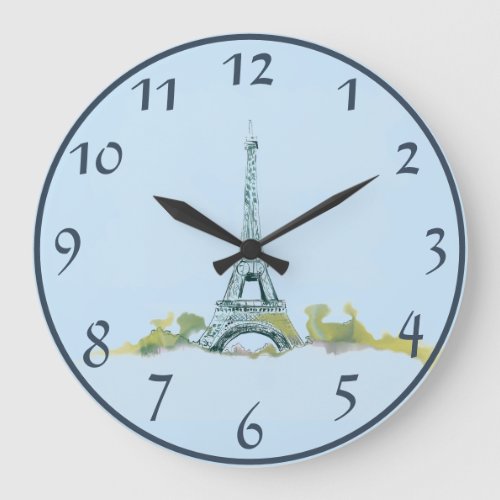 Eiffel Tower Pen and Ink Sketch on Blue Large Clock