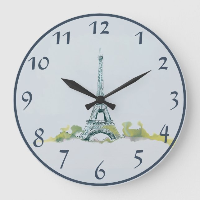 Eiffel Tower Pen and Ink Sketch on Gray/Blue Large Clock (Front)
