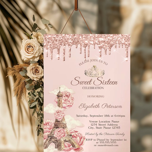 Eiffel Tower Peonies Rose Gold Drips Sweet 16 Invitation (Creator Uploaded)