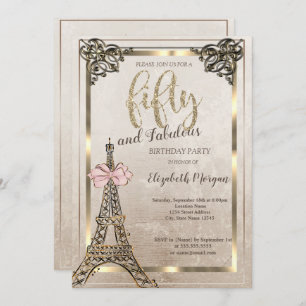 Eiffel Tower,Pink Bow Border 50th Birthday Party  Invitation
