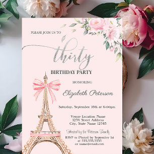 Eiffel Tower Pink Bow Flowers 30th Birthday Invitation