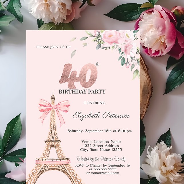 Eiffel Tower Pink Bow Flowers 40th Birthday Invitation (Creator Uploaded)