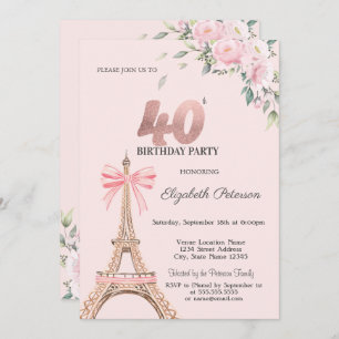 Eiffel Tower Pink Bow Flowers 40th Birthday Invitation