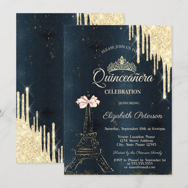 Eiffel Tower Pink Bow Tiara,Drips Blue Quinceañera Invitation (Front/Back)