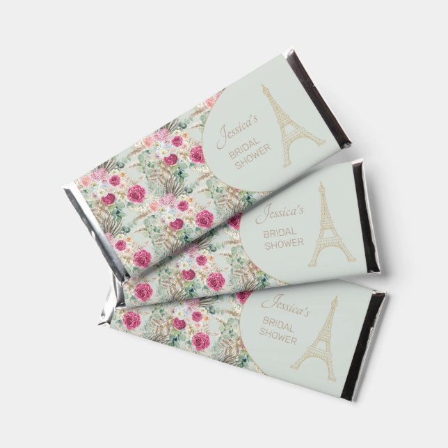 Eiffel Tower Pink Floral Mint Paris Bridal Shower Hershey Bar Favors (Front)