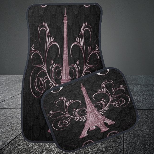 Eiffel Tower Pink Floral Swirl Car Mats (Eiffel Tower Pink Floral Swirl Car Mats)