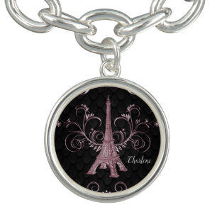 Eiffel Tower Pink Floral Swirls Bracelet Charm