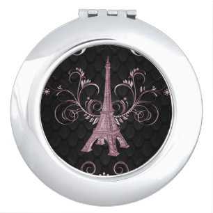 Eiffel Tower Pink Floral Swirls Compact Mirror