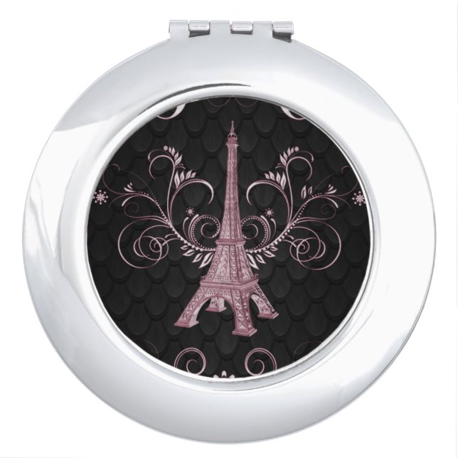 Eiffel Tower Pink Floral Swirls Compact Mirror (Front)