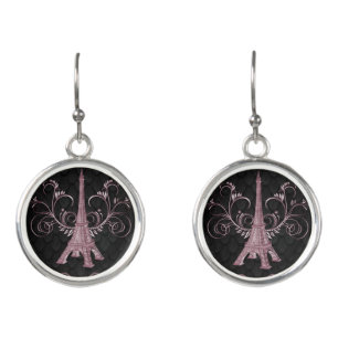 Eiffel Tower Pink Floral Swirls Earrings
