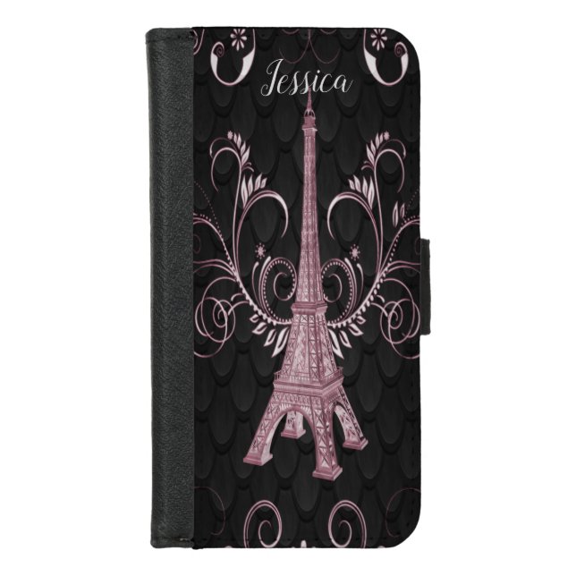 Eiffel Tower Pink Floral Swirls iPhone Wallet (Front)
