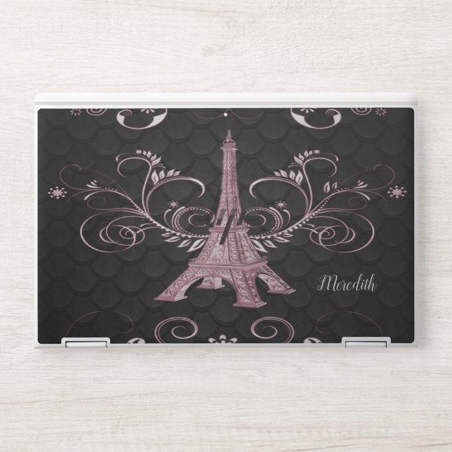 Eiffel Tower Pink Floral Swirls Laptop Skin (Front)