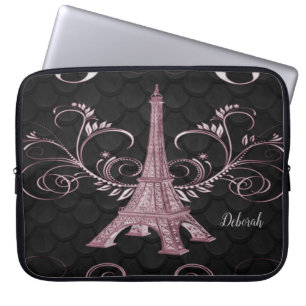 Eiffel Tower Pink Floral Swirls Laptop Sleeve