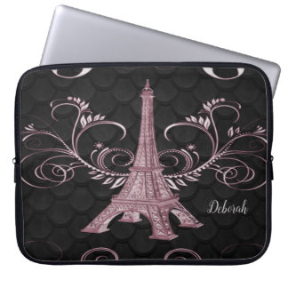 Eiffel Tower Pink Floral Swirls Laptop Sleeve