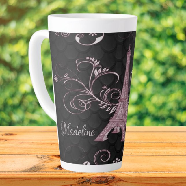 Eiffel Tower Pink Floral Swirls Latte Mug (Pink Eiffel Tower Floral Swirls Latte Mug)