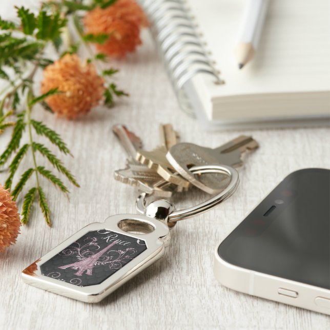 Eiffel Tower Pink Floral Swirls Metal Keychain (Side)