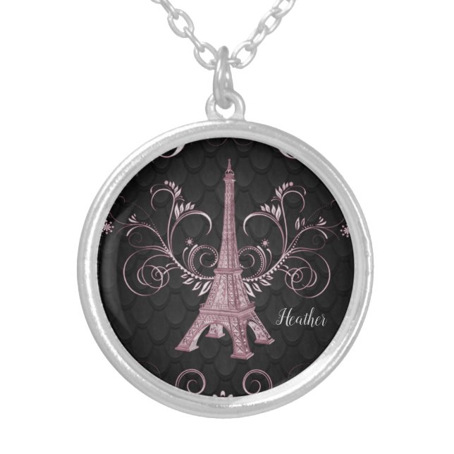 Eiffel Tower Pink Floral Swirls Necklace (Front)