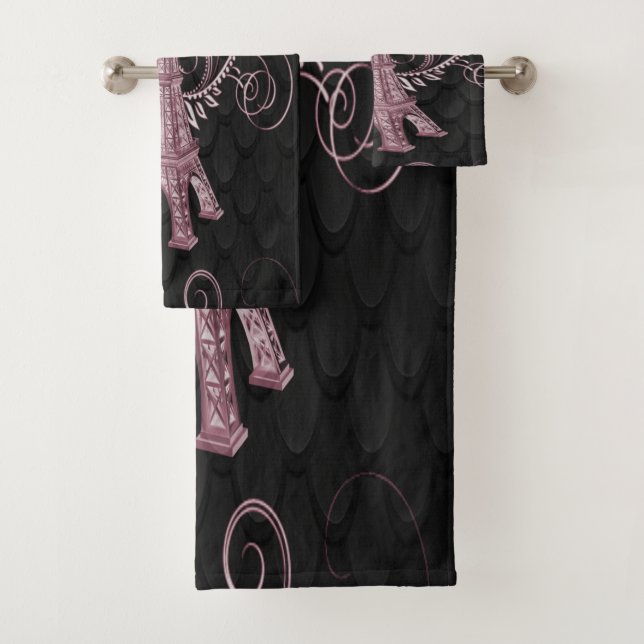 Eiffel Tower Pink Floral Swirls Towel Set (Insitu)