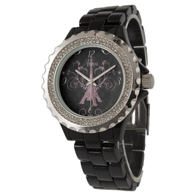 Eiffel Tower Pink Floral Swirls Watch (Angled)