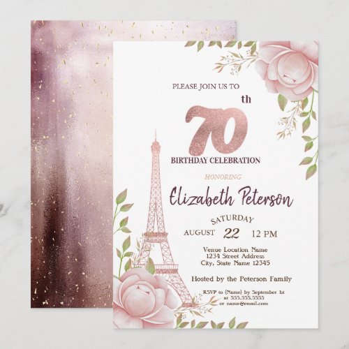 Eiffel Tower Pink Flowers 70th Birthday Invitation